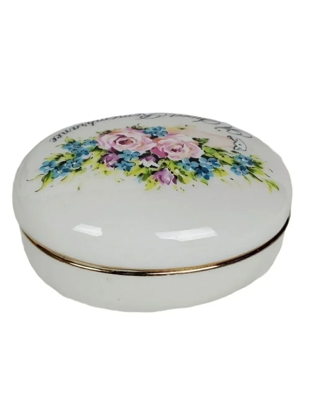 Vtg floral Rose porcelain trinket box 22k gold